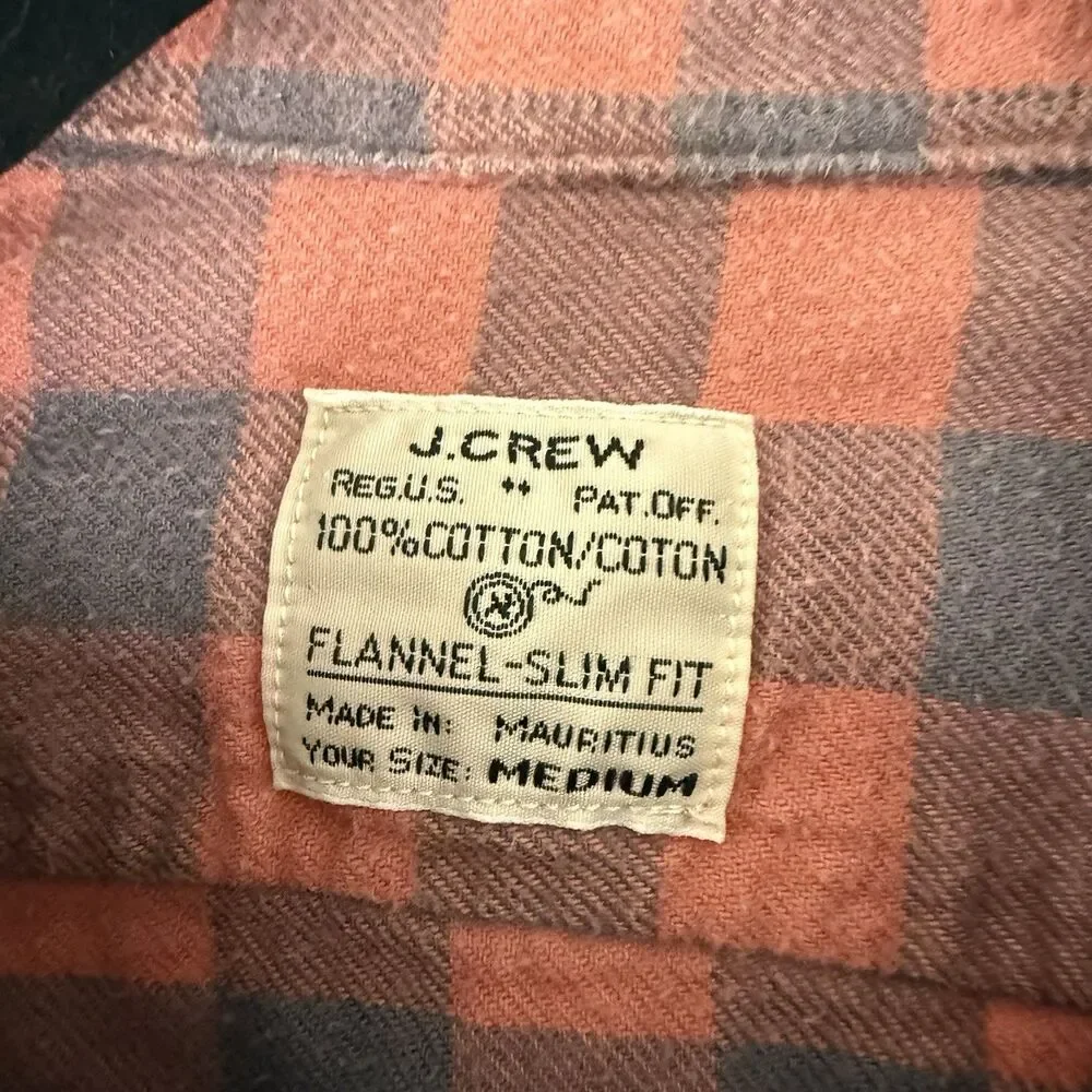 J Crew Flannel Slim Fit Button Down Shirt Men's Medium Orange Plaid Long Sleeve